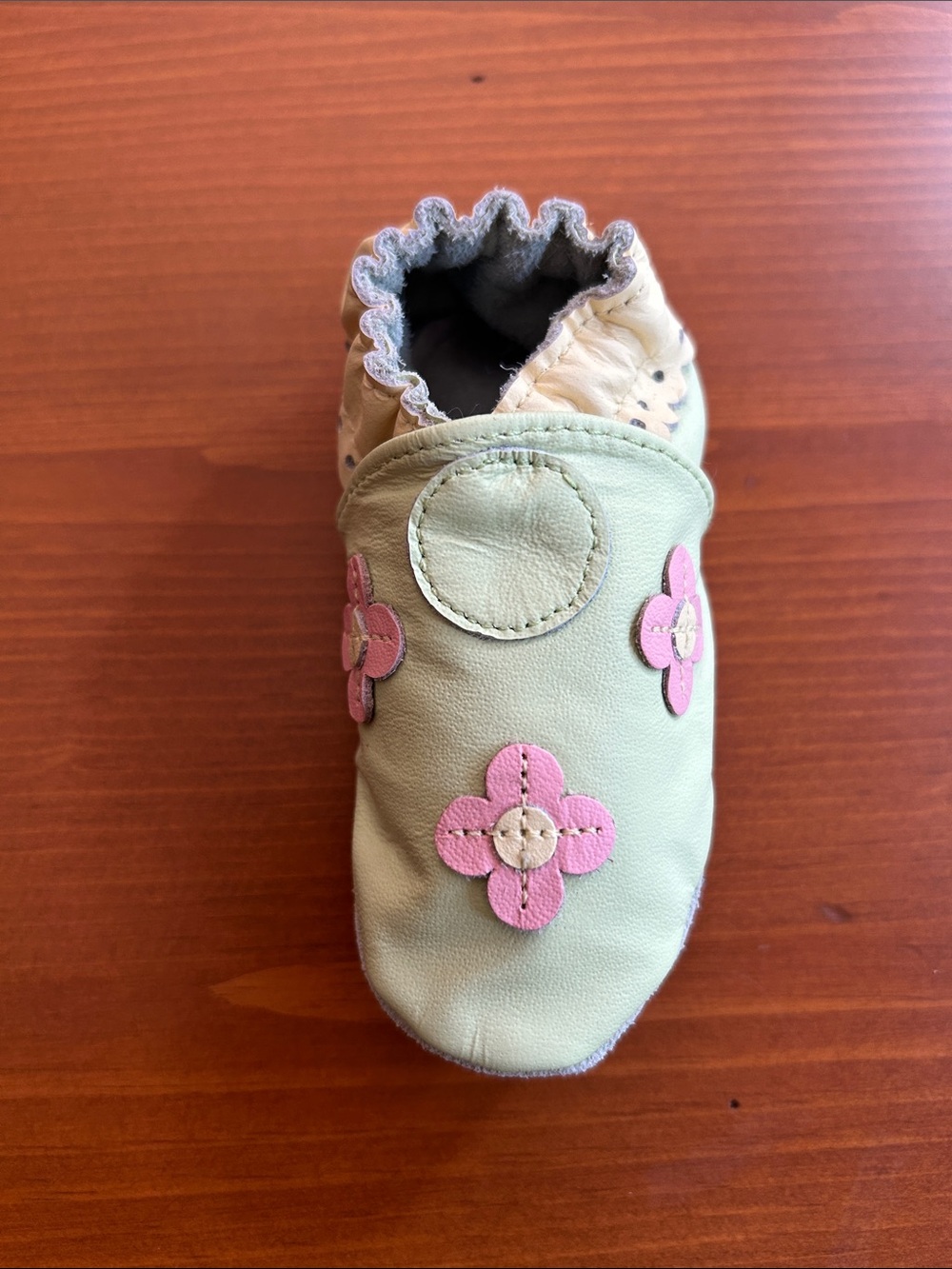 Robeez Soft Leather Slip-On Shoe in Mint with Pink Flower Accents